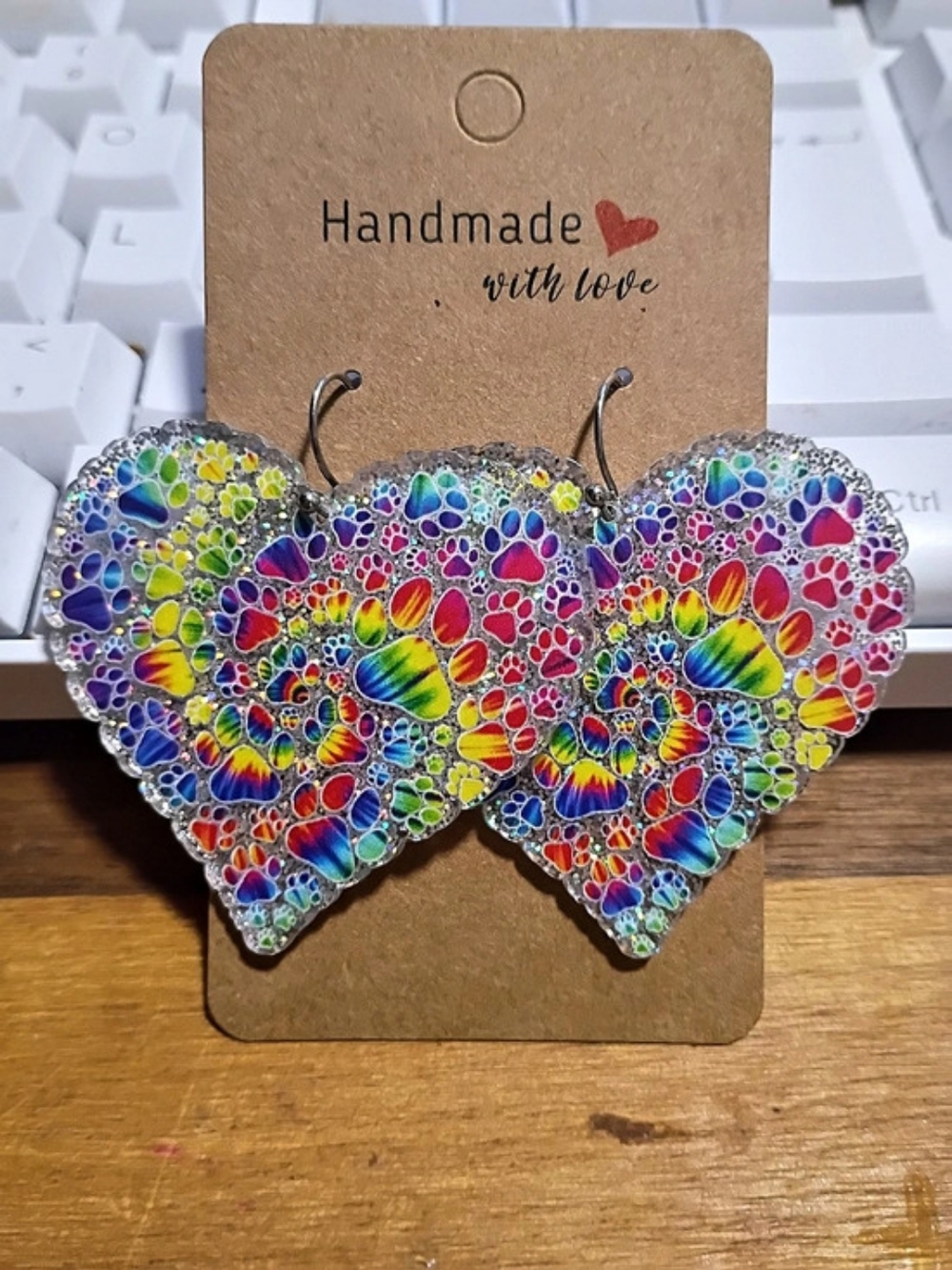 Colorful Rainbow Animal Paw Print Abstract Heart Earrings